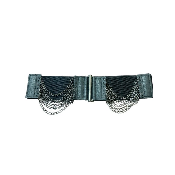 Gothic Black Elastic Waist Belt With Chains Metal Clasp Closure Cinch Waist NWT - Picture 1 of 5